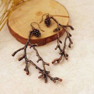 Rustic Antique Copper Pinecone Tree Branch Nature Forest Pagan Dangle Earrings